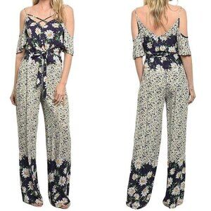 Women's Blue Floral Cold Shoulder Wide Leg‎ Pant Set - Size Small